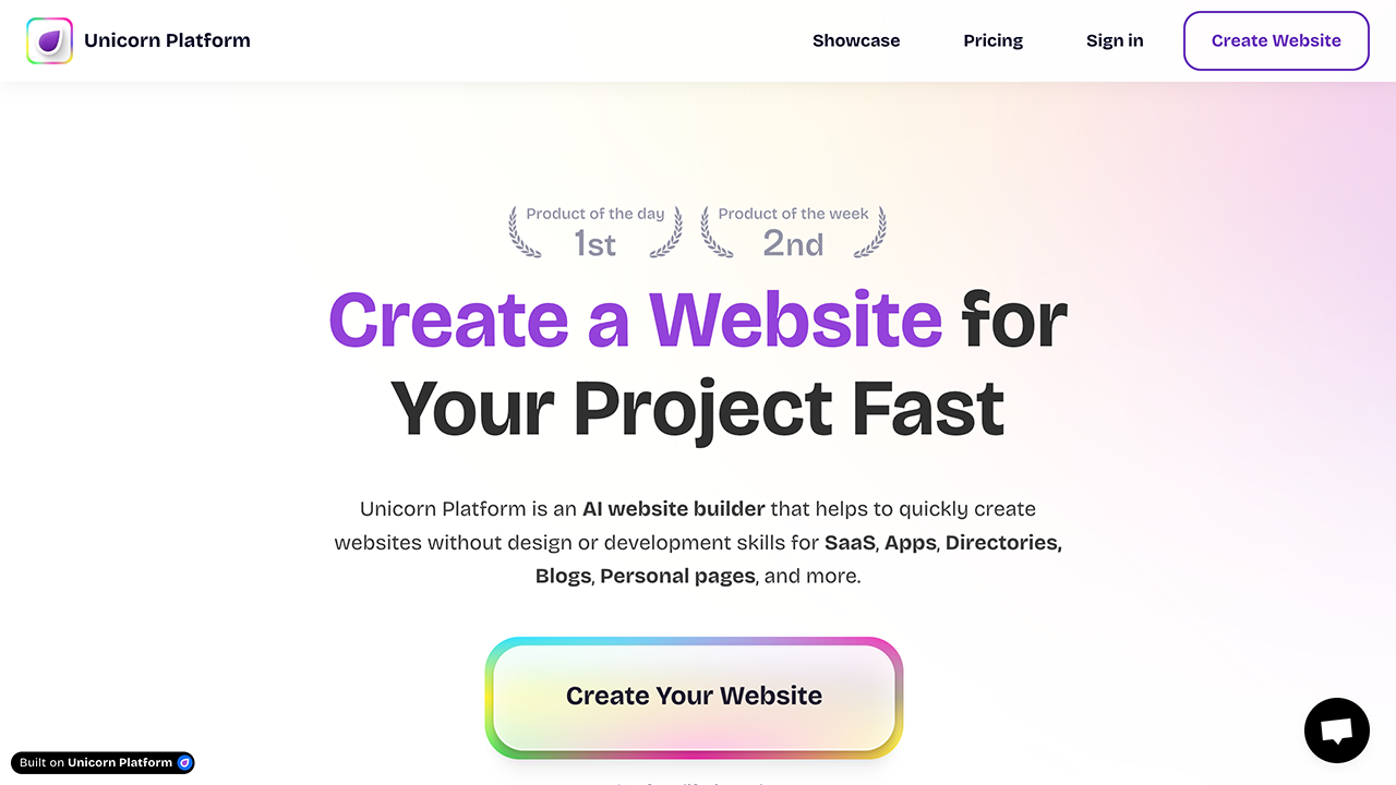 Screenshot of the Unicorn Platform website