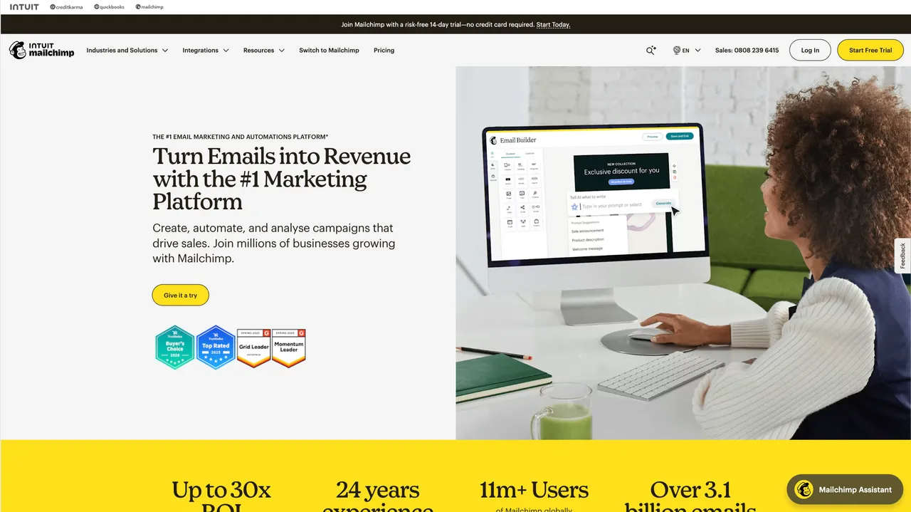 Screenshot of the Mailchimp homepage and email marketing dashboard preview