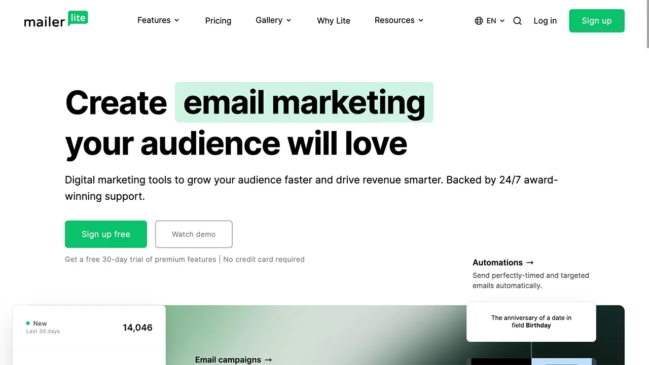 Screenshot of the MailerLite drag-and-drop editor and landing page builder
