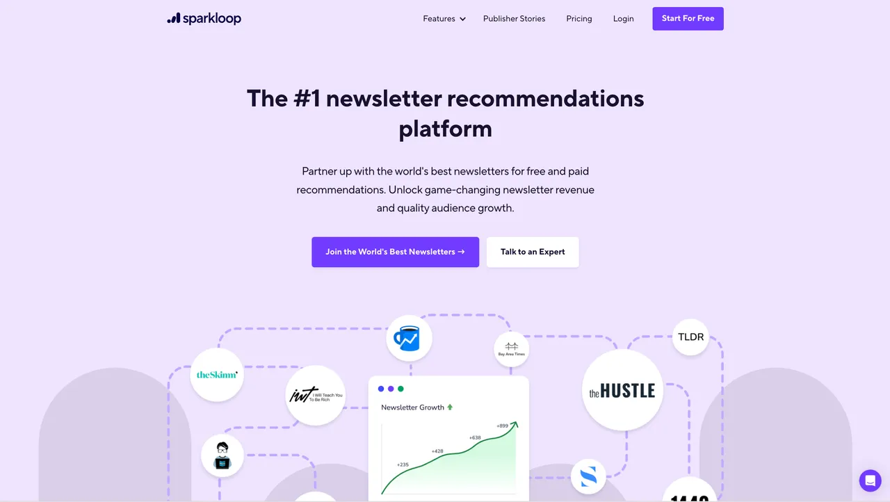 Screenshot of the SparkLoop homepage and newsletter recommendations platform